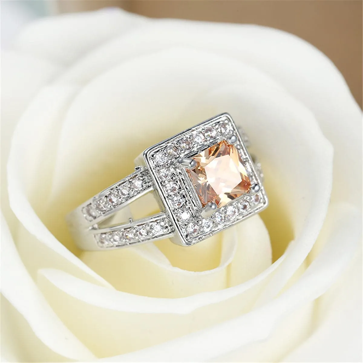 Champagne Crystal & Silver-Plated Square Hola Ring