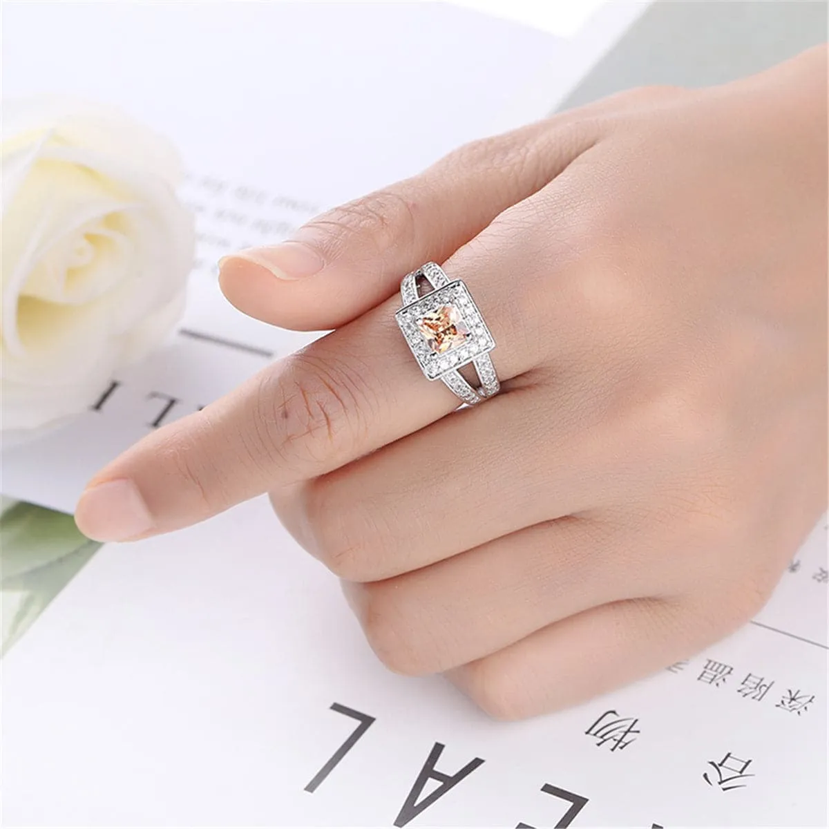 Champagne Crystal & Silver-Plated Square Hola Ring