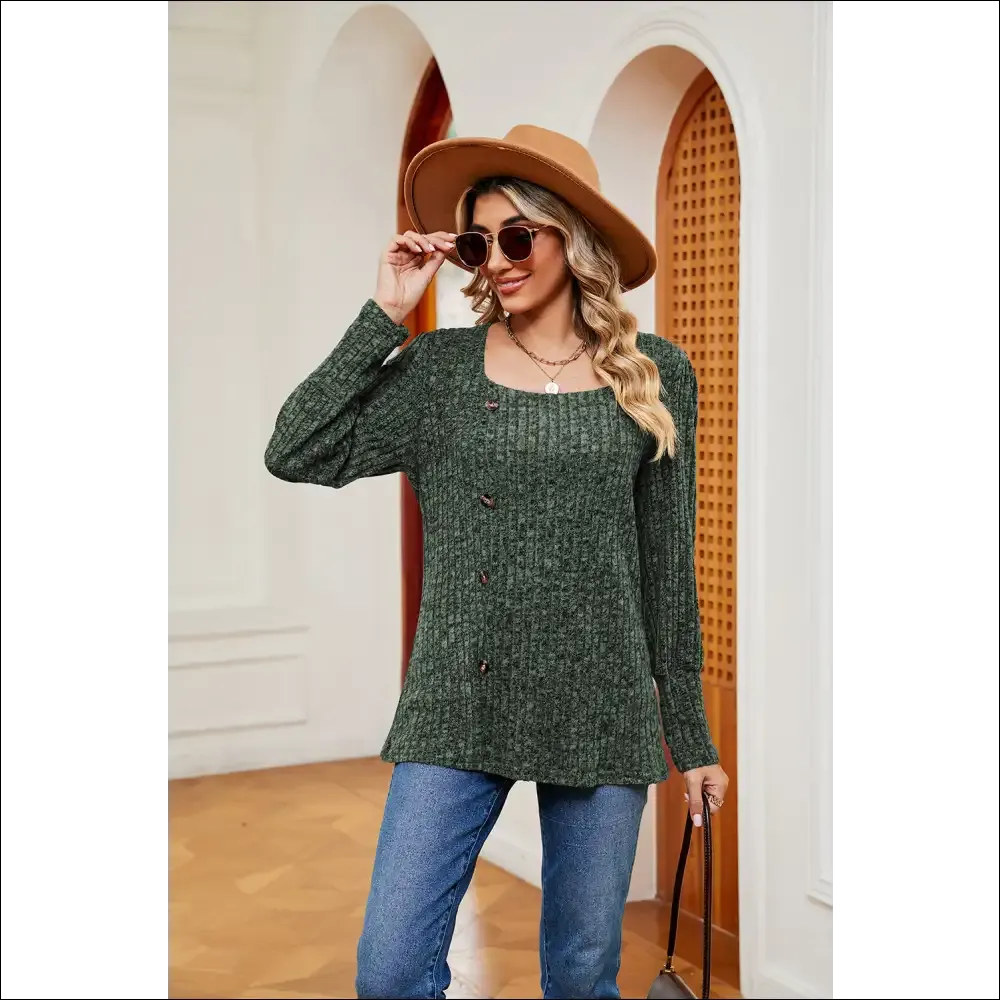 Chic Button Slit Square Neck Top