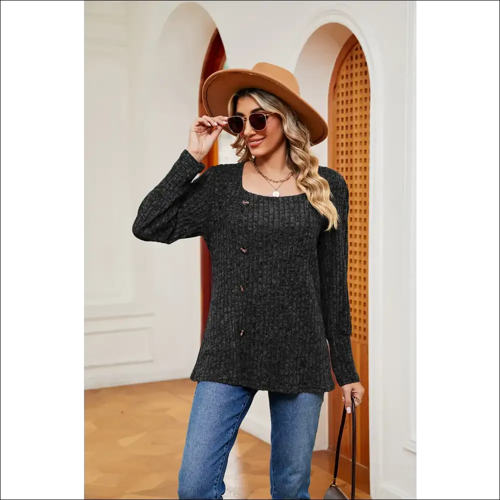 Chic Button Slit Square Neck Top