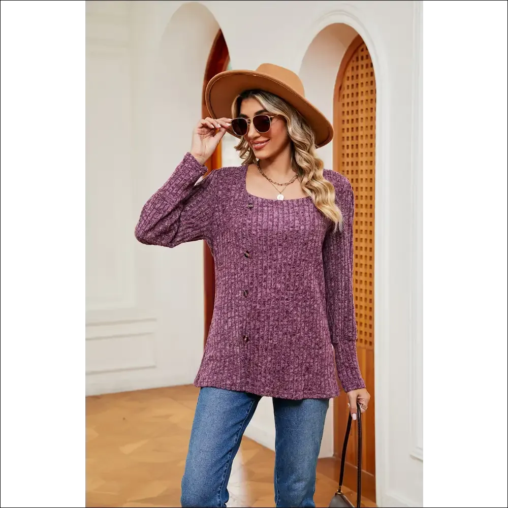 Chic Button Slit Square Neck Top