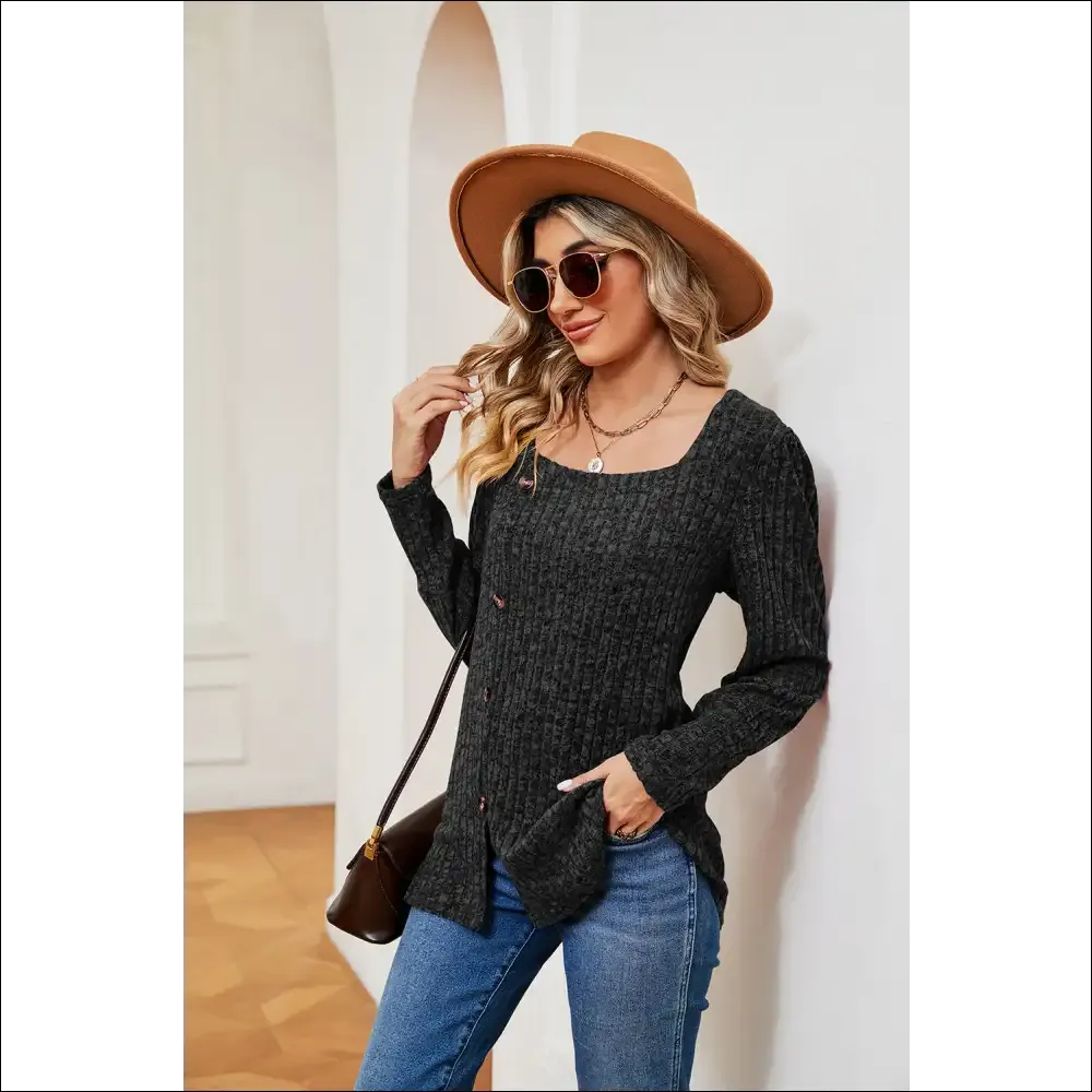 Chic Button Slit Square Neck Top