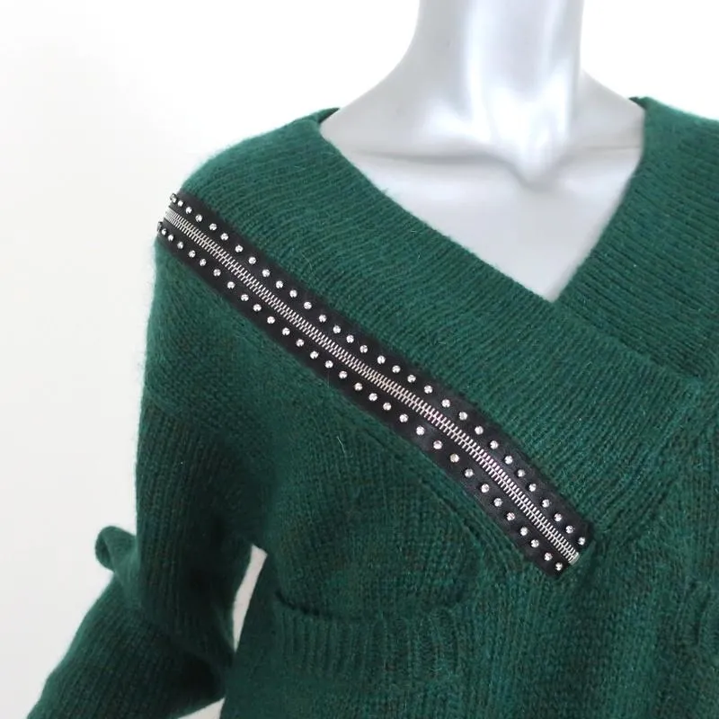 Christopher Kane Zip Sweater Emerald Crystal-Embellished Knit Size Extra Small