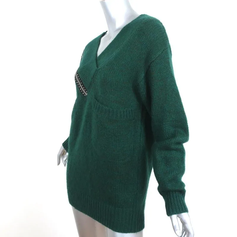 Christopher Kane Zip Sweater Emerald Crystal-Embellished Knit Size Extra Small