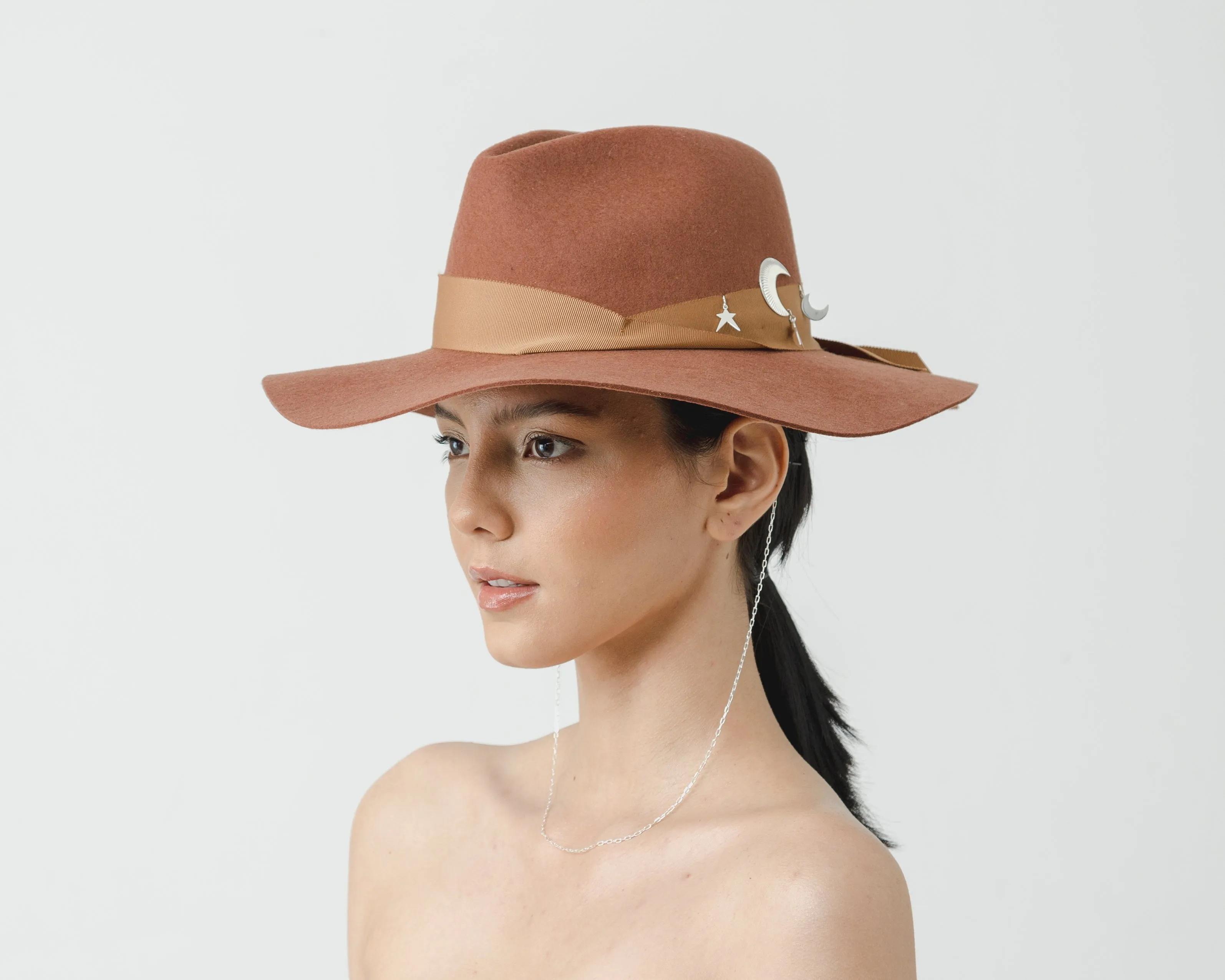 Classic long brim hat with silver chain embellished with moon and stars