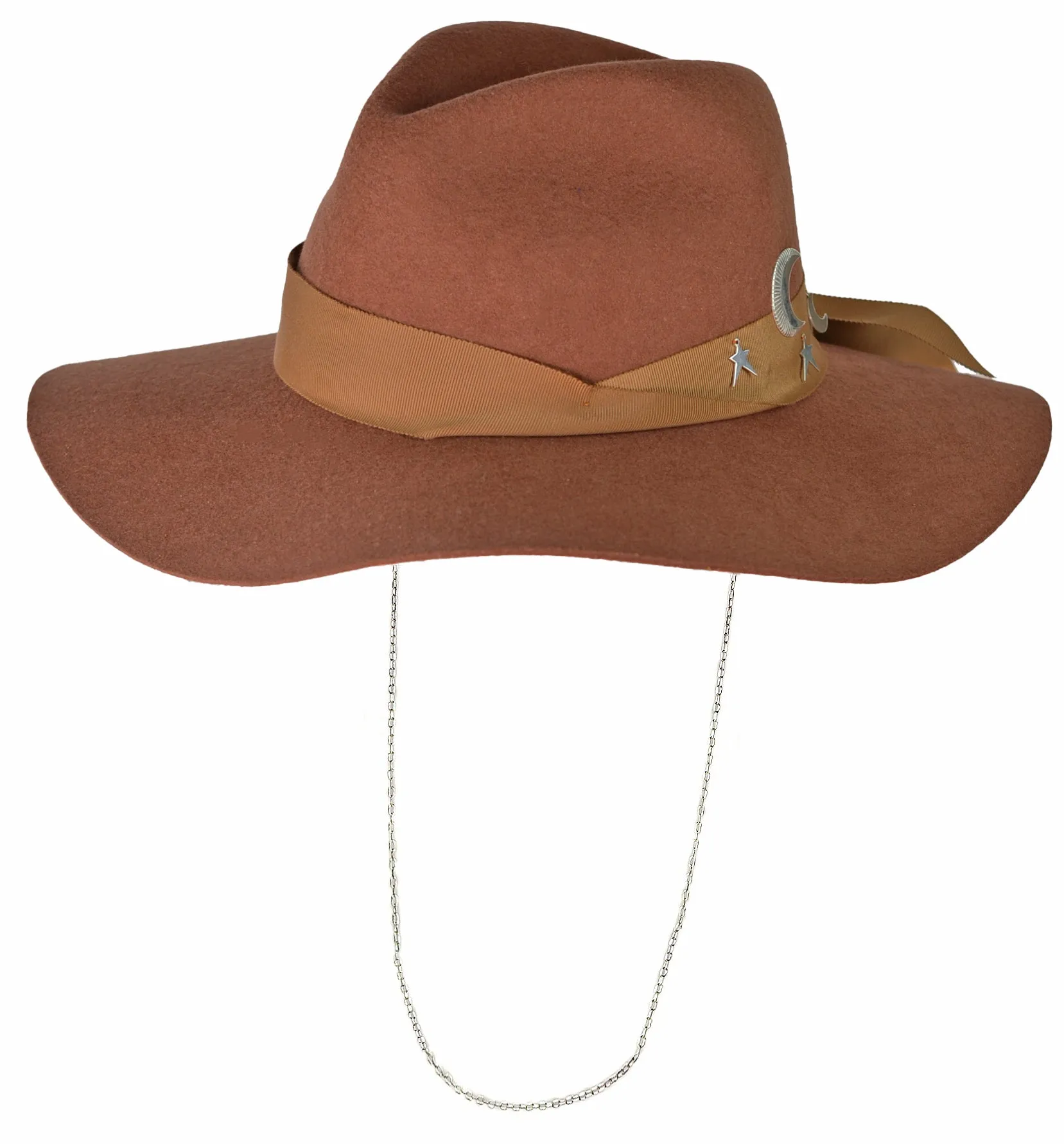 Classic long brim hat with silver chain embellished with moon and stars