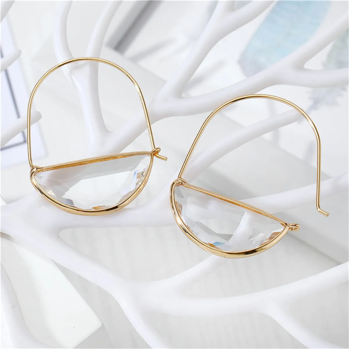 Clear Crystal & 18K Gold-Plated Half-Circle Hoop Earrings