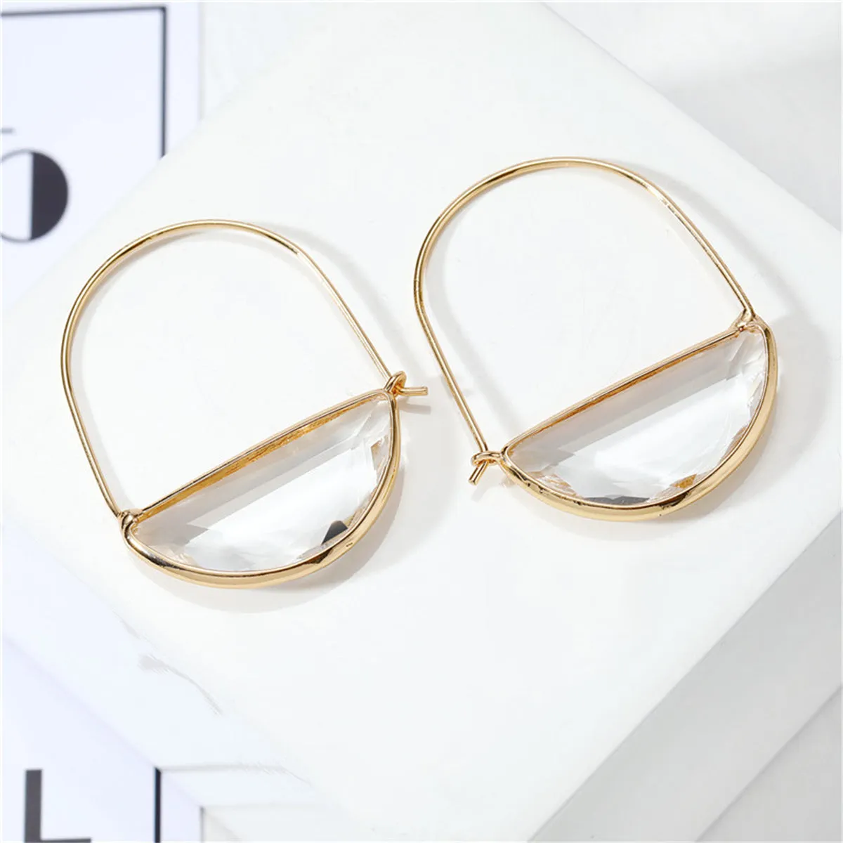 Clear Crystal & 18K Gold-Plated Half-Circle Hoop Earrings
