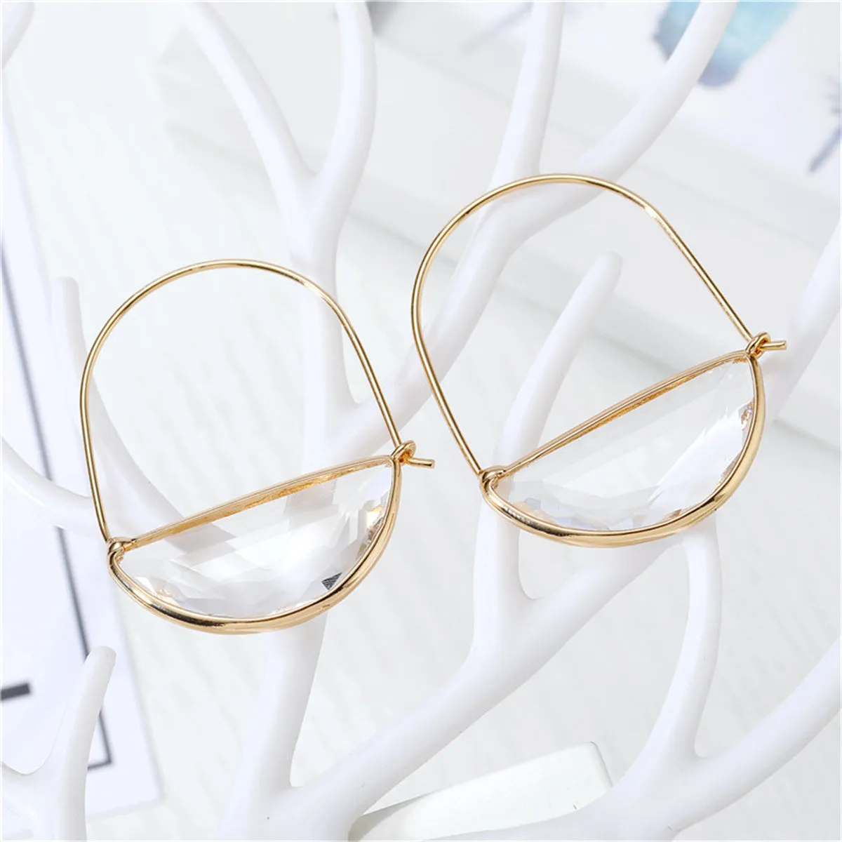 Clear Crystal & 18K Gold-Plated Half-Circle Hoop Earrings