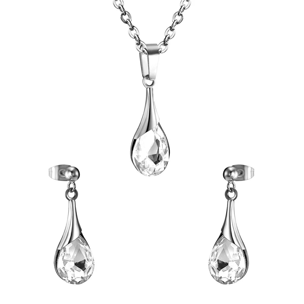 Clear Crystal & Silver-Plated Drop Earrings & Pendant Necklace