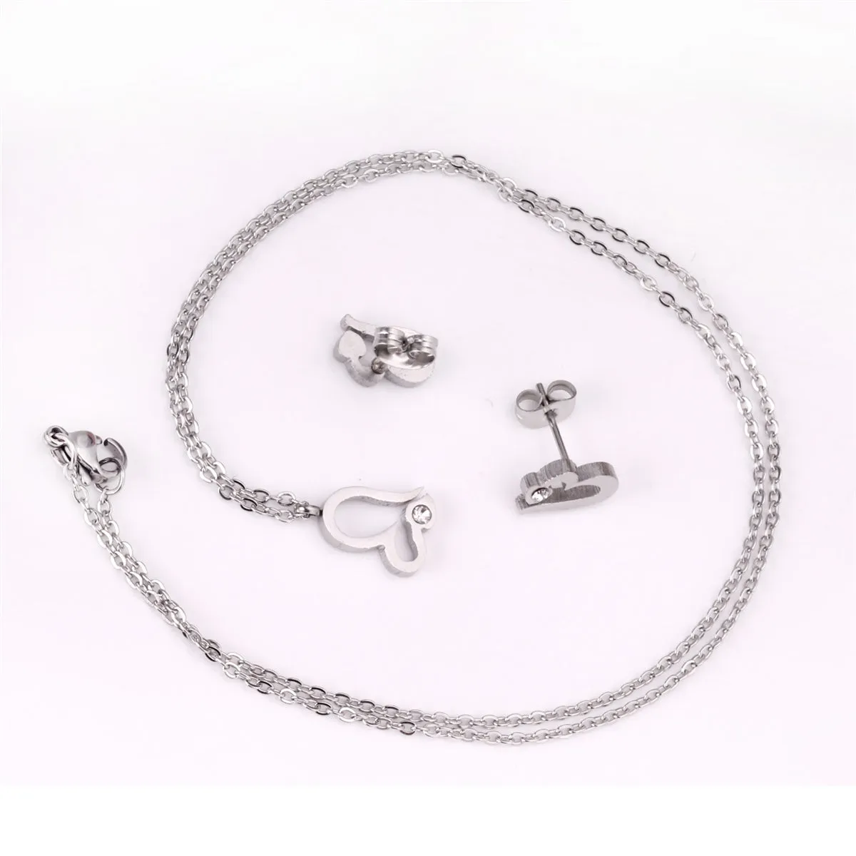 Clear Cubic Zirconia & Silver-Plated Heart Stud Earrings & Pendant Necklace