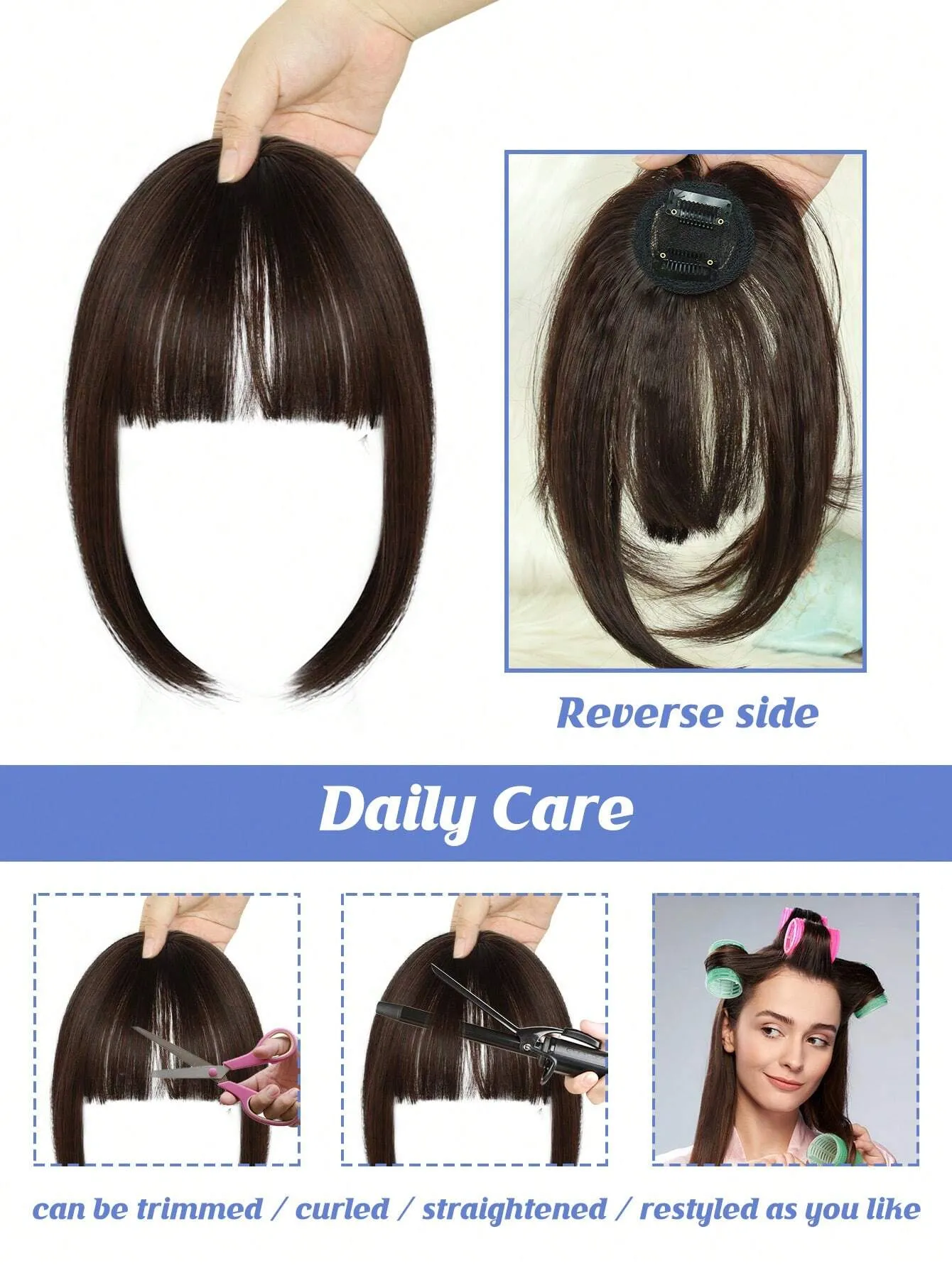 Clip In Bangs Heat Resistant Synthetic Straight French Bangs Fringe with Temples Hairpieces for Women Clip In Hair Extensions Fake Bangs for Daily Wear Natural Color