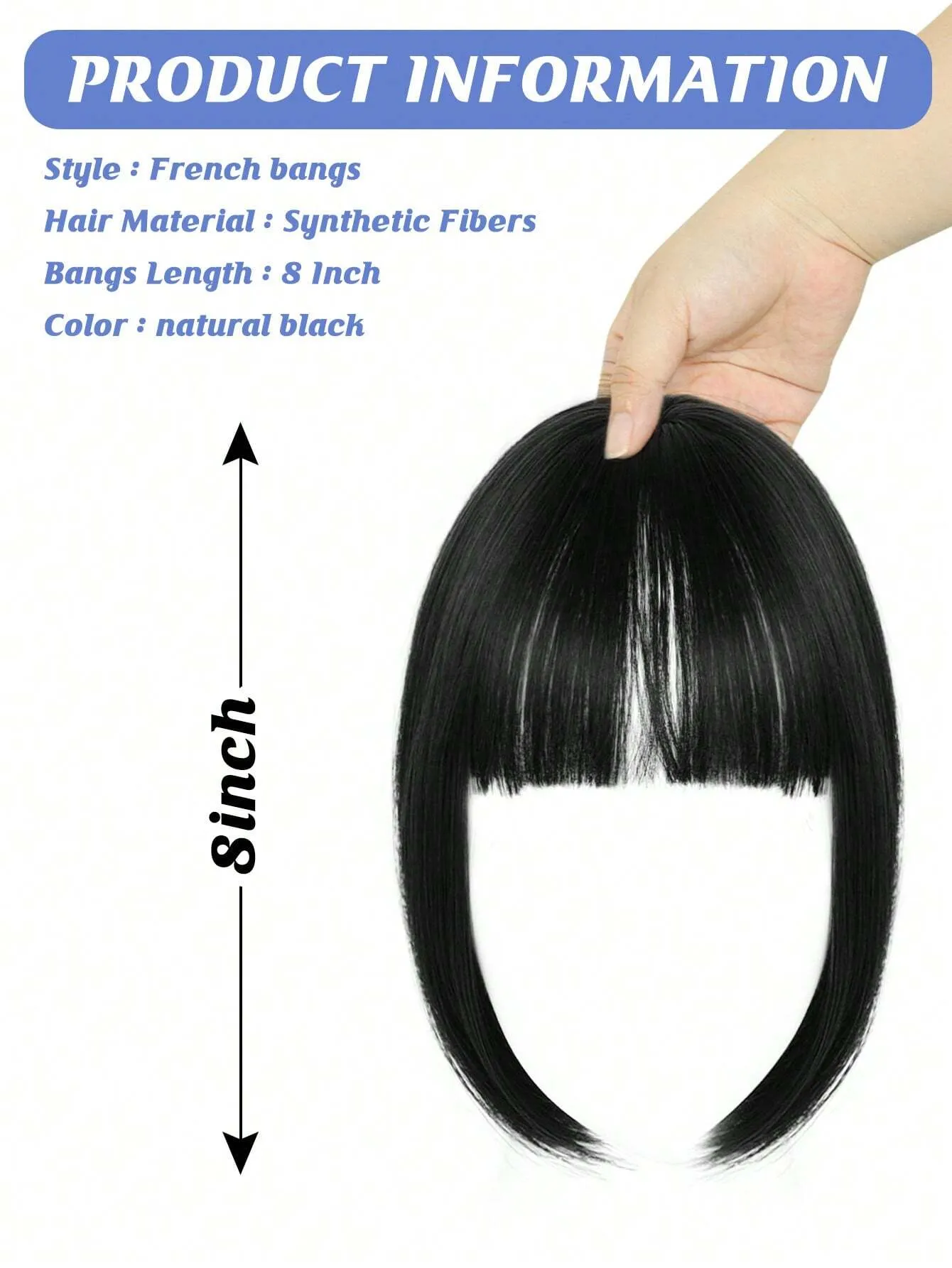 Clip In Bangs Heat Resistant Synthetic Straight French Bangs Fringe with Temples Hairpieces for Women Clip In Hair Extensions Fake Bangs for Daily Wear Natural Color