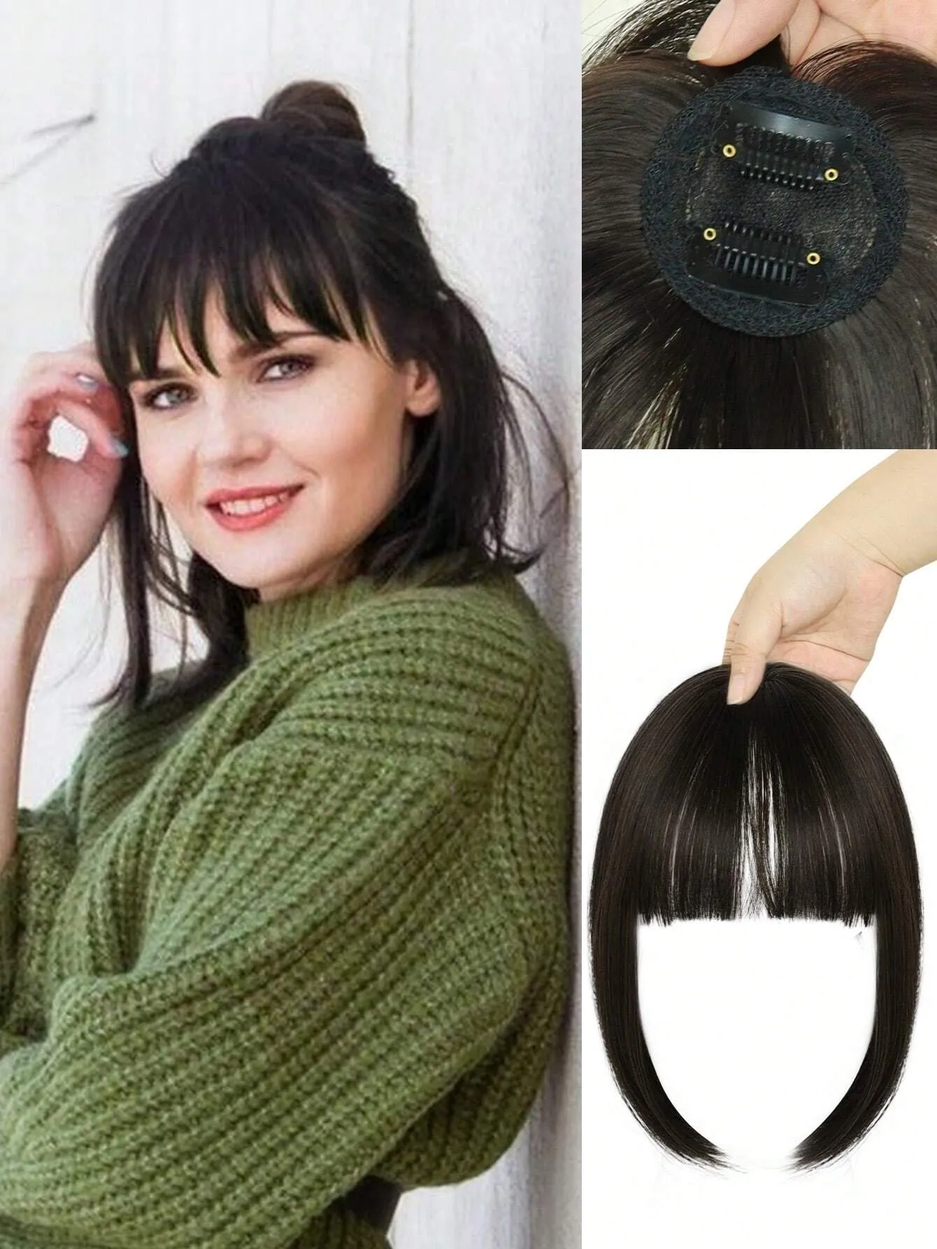 Clip In Bangs Heat Resistant Synthetic Straight French Bangs Fringe with Temples Hairpieces for Women Clip In Hair Extensions Fake Bangs for Daily Wear Natural Color