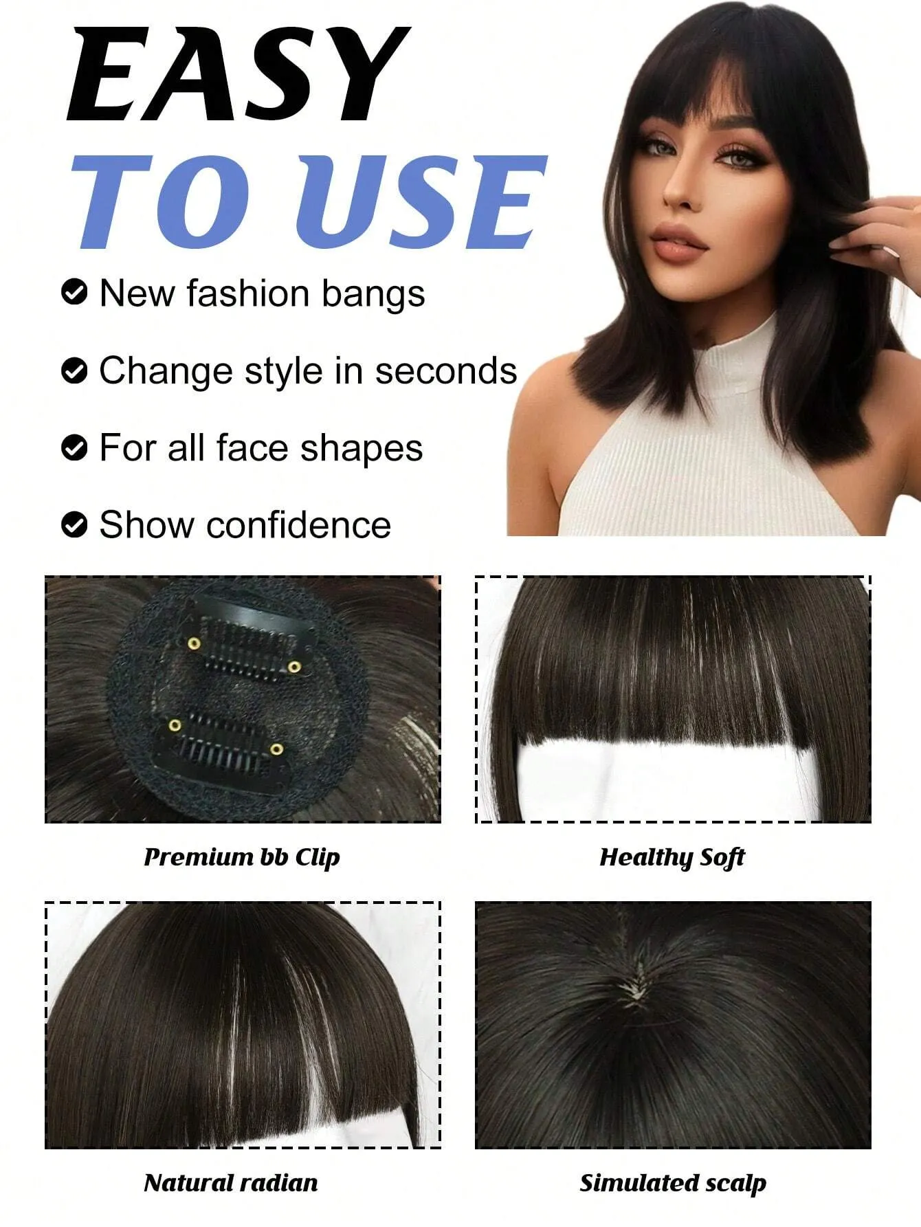 Clip In Bangs Heat Resistant Synthetic Straight French Bangs Fringe with Temples Hairpieces for Women Clip In Hair Extensions Fake Bangs for Daily Wear Natural Color