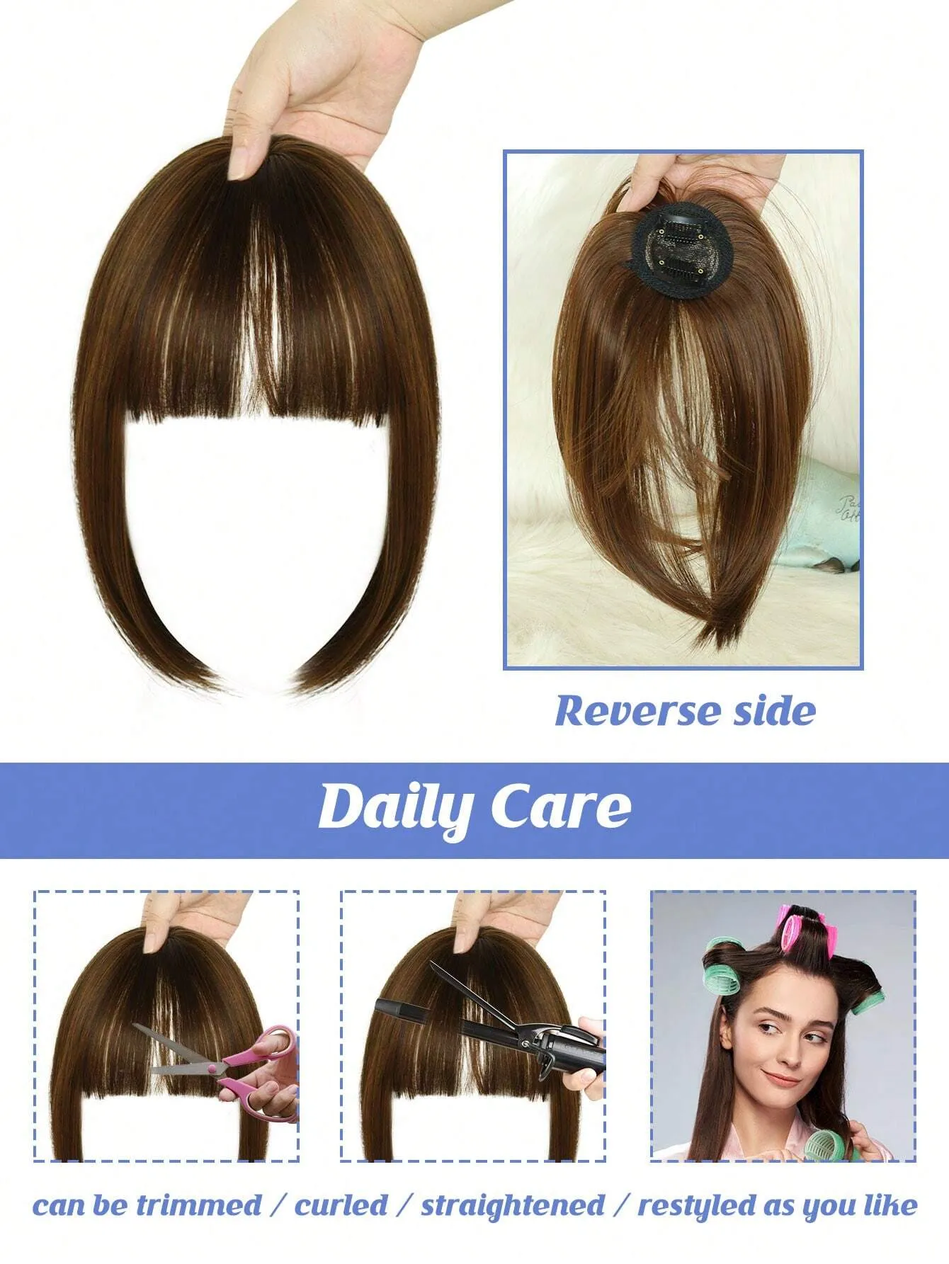Clip In Bangs Heat Resistant Synthetic Straight French Bangs Fringe with Temples Hairpieces for Women Clip In Hair Extensions Fake Bangs for Daily Wear Natural Color