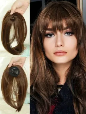 Clip In Bangs Heat Resistant Synthetic Straight French Bangs Fringe with Temples Hairpieces for Women Clip In Hair Extensions Fake Bangs for Daily Wear Natural Color