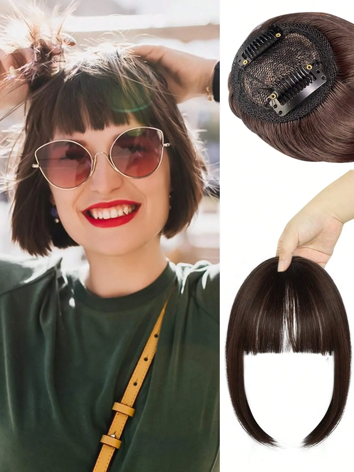 Clip In Bangs Heat Resistant Synthetic Straight French Bangs Fringe with Temples Hairpieces for Women Clip In Hair Extensions Fake Bangs for Daily Wear Natural Color