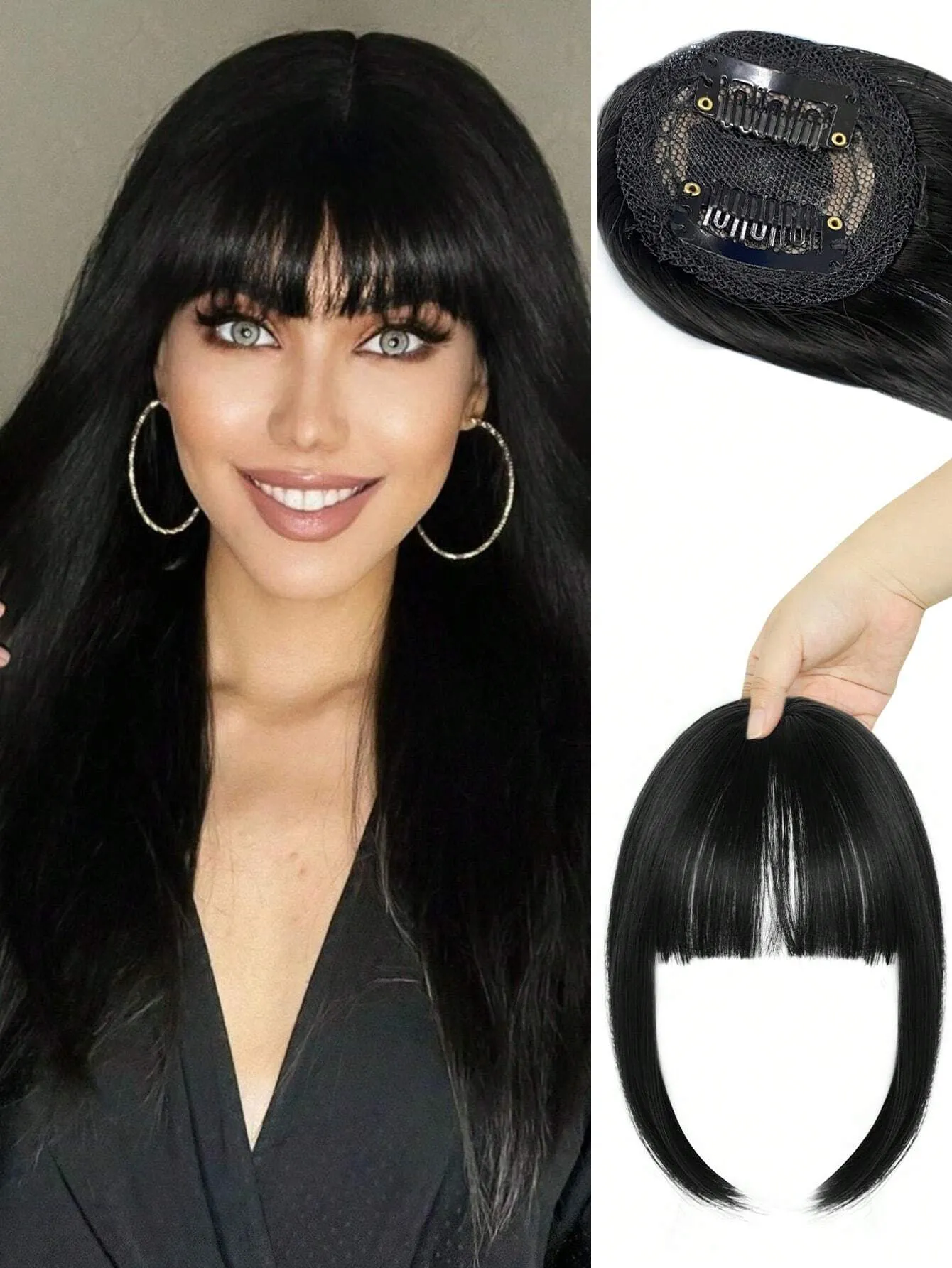 Clip In Bangs Heat Resistant Synthetic Straight French Bangs Fringe with Temples Hairpieces for Women Clip In Hair Extensions Fake Bangs for Daily Wear Natural Color