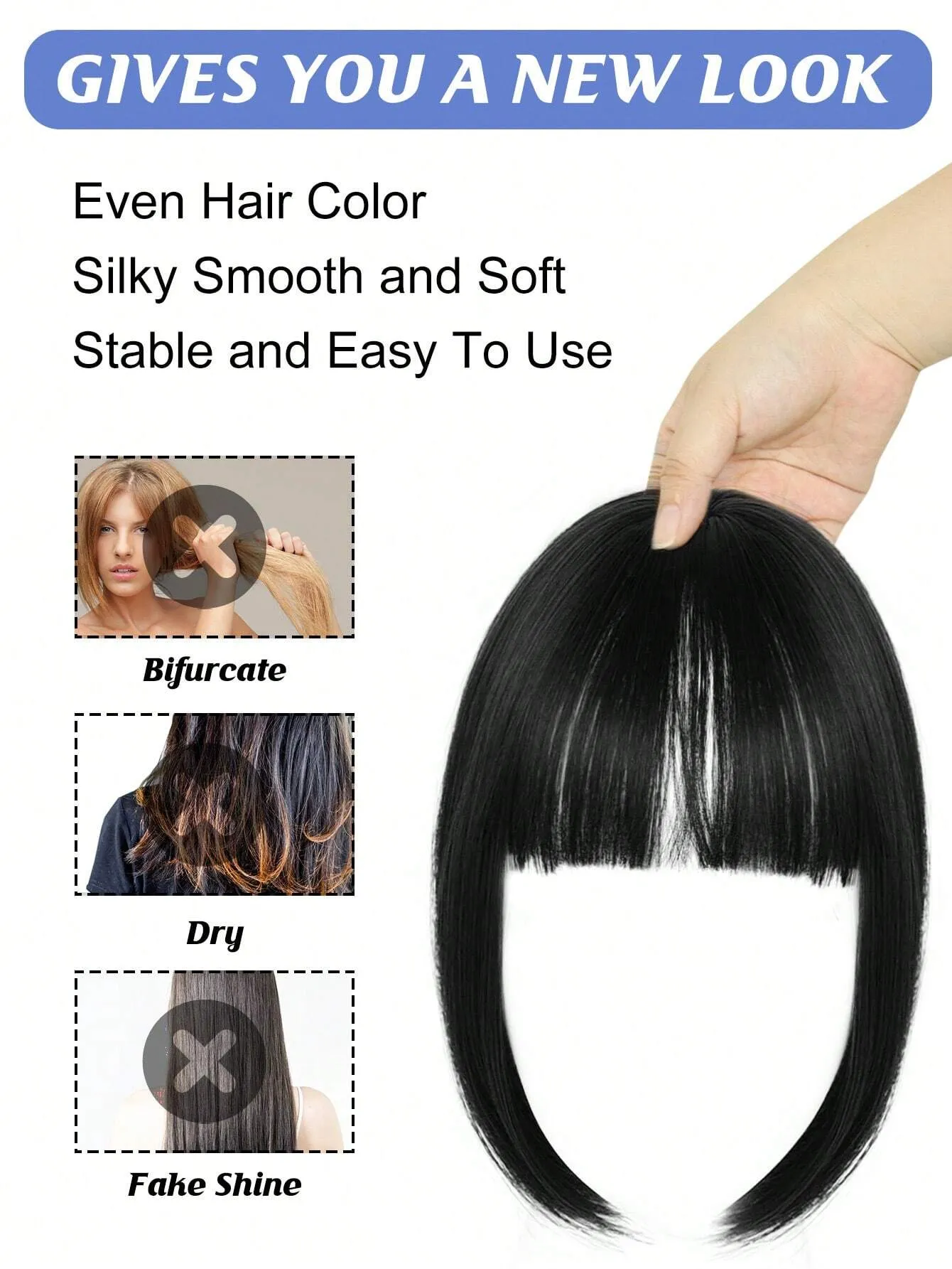 Clip In Bangs Heat Resistant Synthetic Straight French Bangs Fringe with Temples Hairpieces for Women Clip In Hair Extensions Fake Bangs for Daily Wear Natural Color