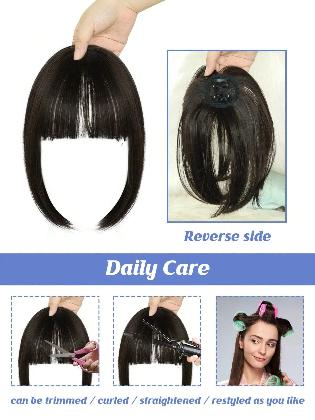 Clip In Bangs Heat Resistant Synthetic Straight French Bangs Fringe with Temples Hairpieces for Women Clip In Hair Extensions Fake Bangs for Daily Wear Natural Color