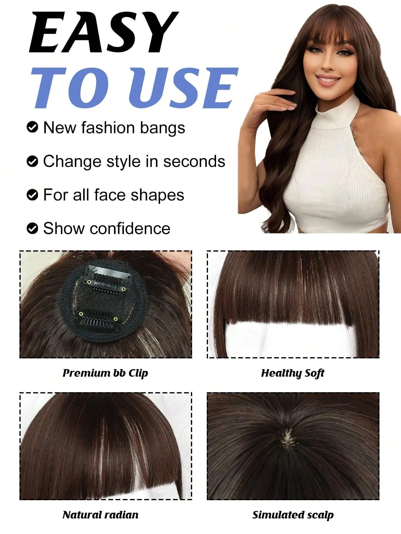 Clip In Bangs Heat Resistant Synthetic Straight French Bangs Fringe with Temples Hairpieces for Women Clip In Hair Extensions Fake Bangs for Daily Wear Natural Color