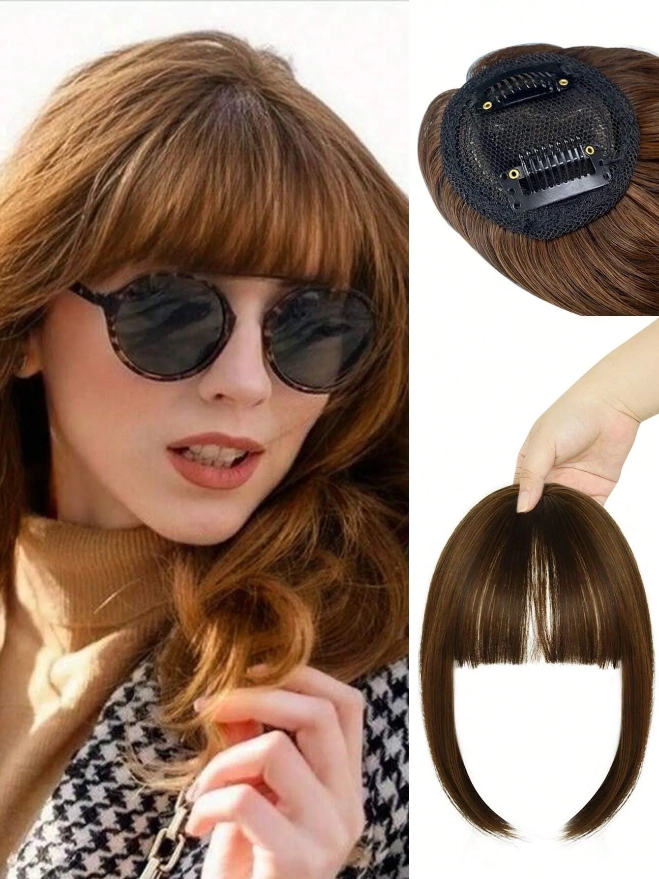 Clip In Bangs Heat Resistant Synthetic Straight French Bangs Fringe with Temples Hairpieces for Women Clip In Hair Extensions Fake Bangs for Daily Wear Natural Color