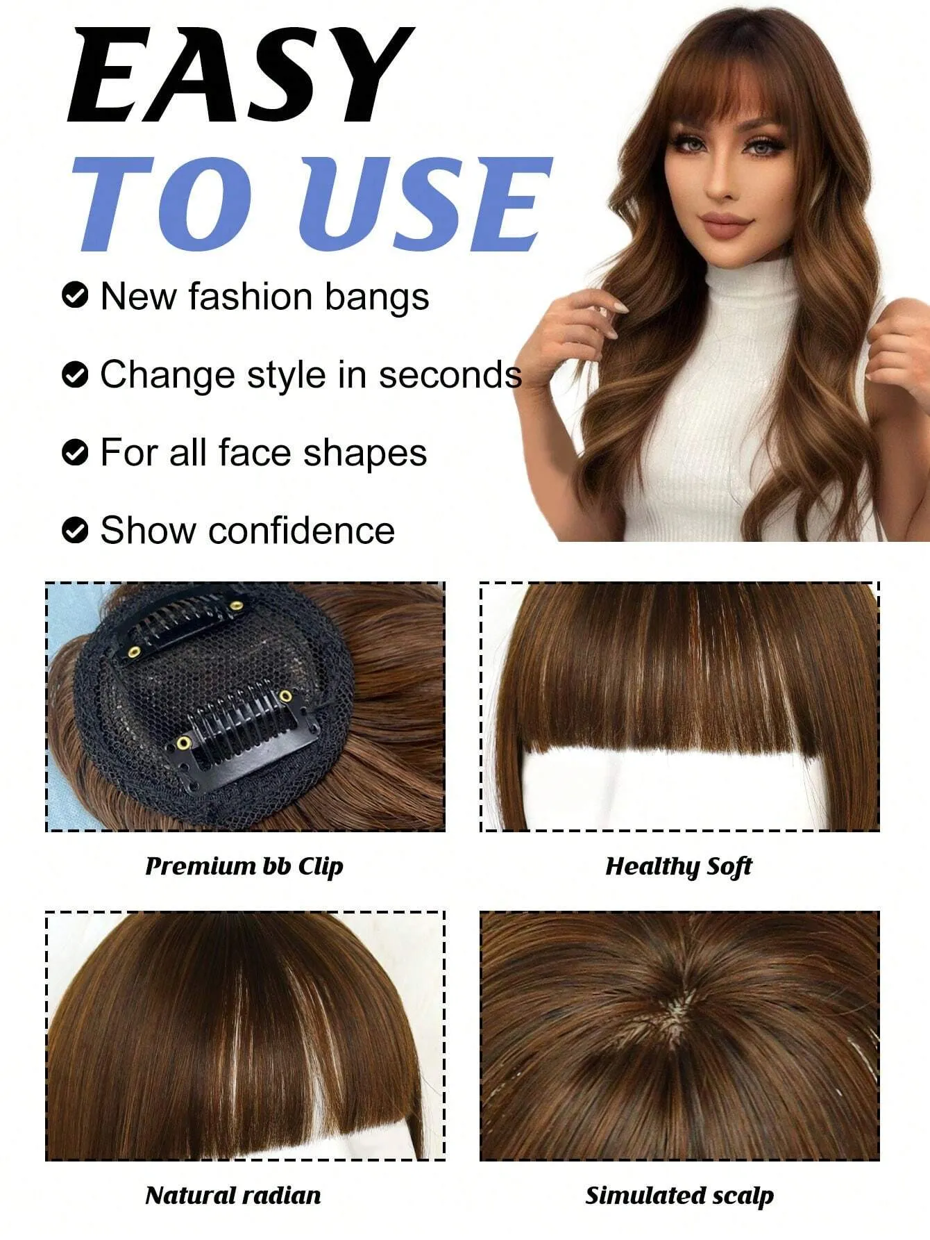Clip In Bangs Heat Resistant Synthetic Straight French Bangs Fringe with Temples Hairpieces for Women Clip In Hair Extensions Fake Bangs for Daily Wear Natural Color