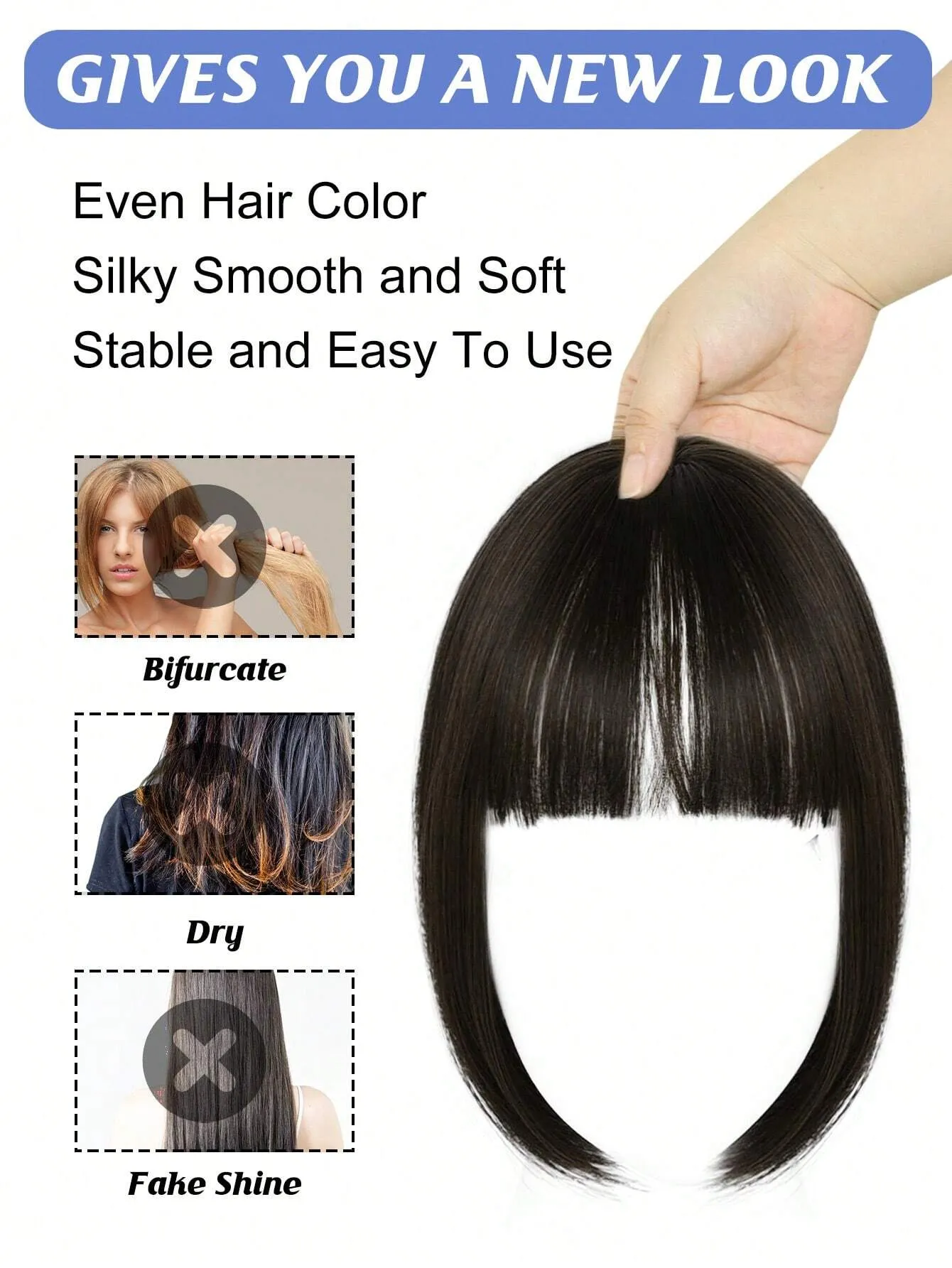 Clip In Bangs Heat Resistant Synthetic Straight French Bangs Fringe with Temples Hairpieces for Women Clip In Hair Extensions Fake Bangs for Daily Wear Natural Color