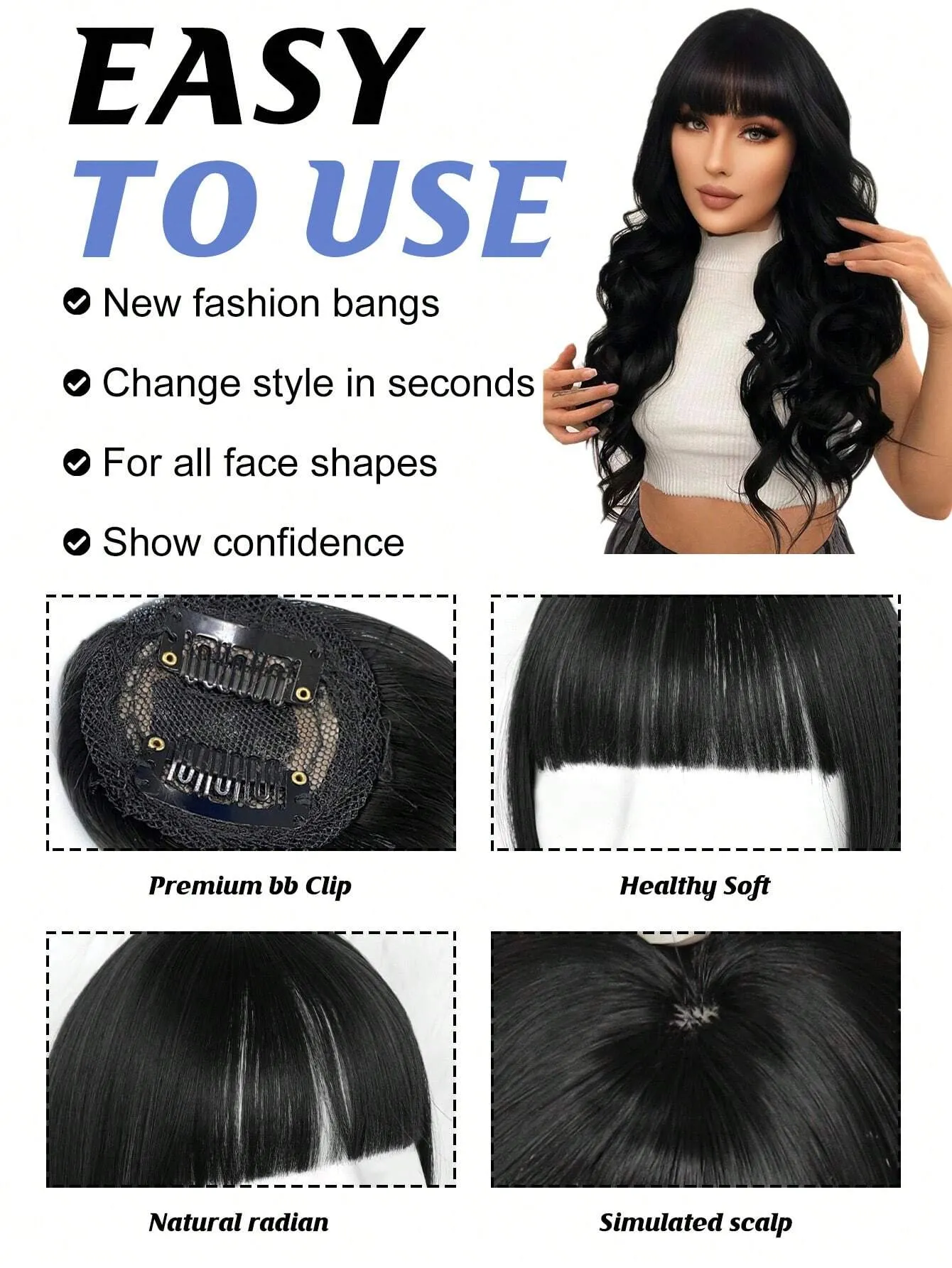 Clip In Bangs Heat Resistant Synthetic Straight French Bangs Fringe with Temples Hairpieces for Women Clip In Hair Extensions Fake Bangs for Daily Wear Natural Color