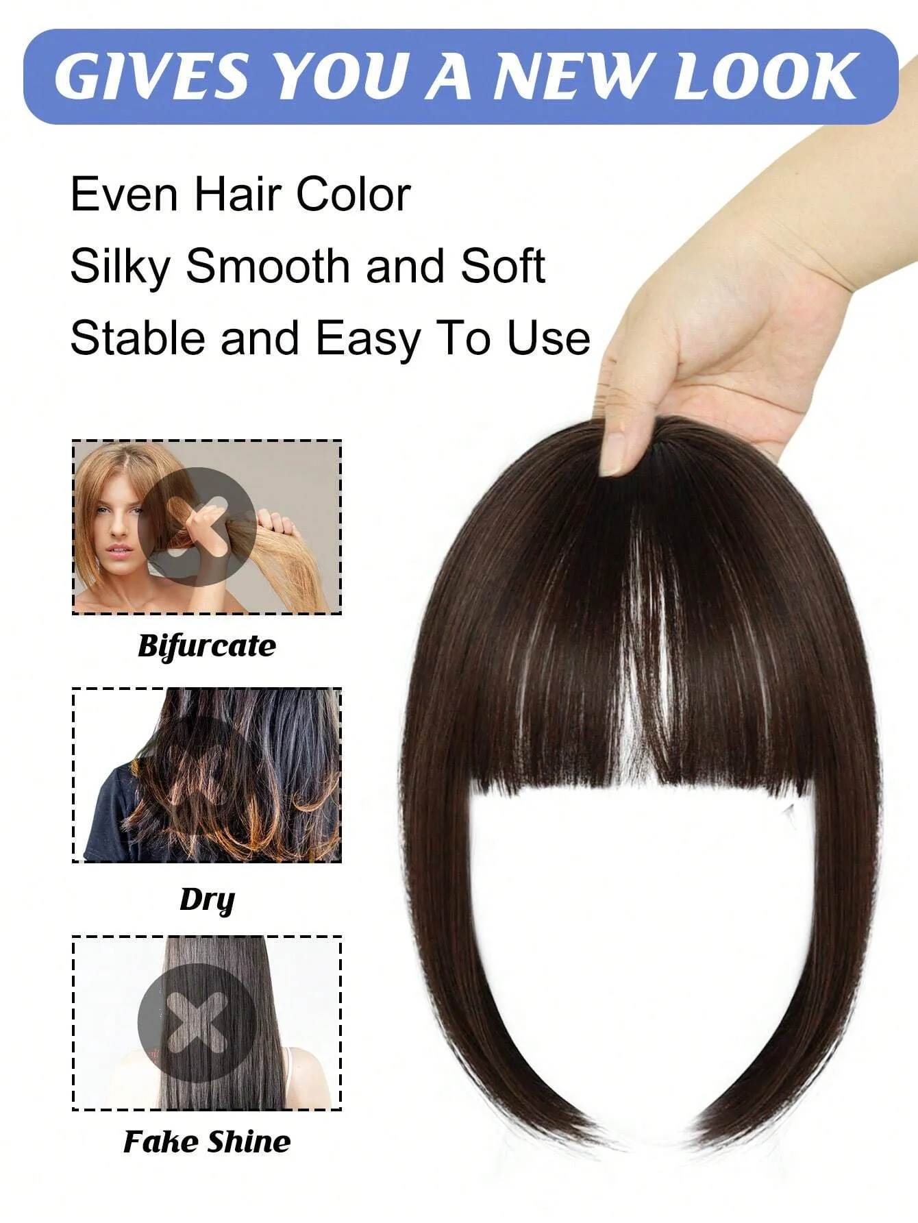 Clip In Bangs Heat Resistant Synthetic Straight French Bangs Fringe with Temples Hairpieces for Women Clip In Hair Extensions Fake Bangs for Daily Wear Natural Color