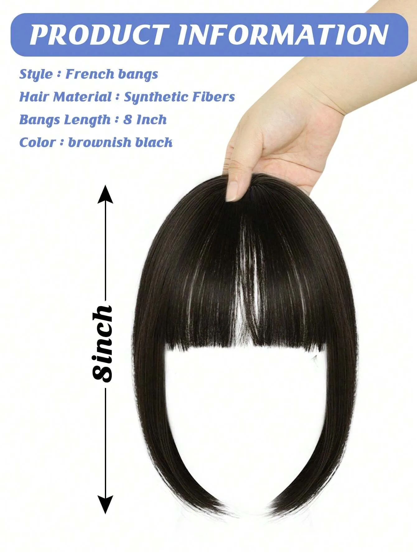 Clip In Bangs Heat Resistant Synthetic Straight French Bangs Fringe with Temples Hairpieces for Women Clip In Hair Extensions Fake Bangs for Daily Wear Natural Color