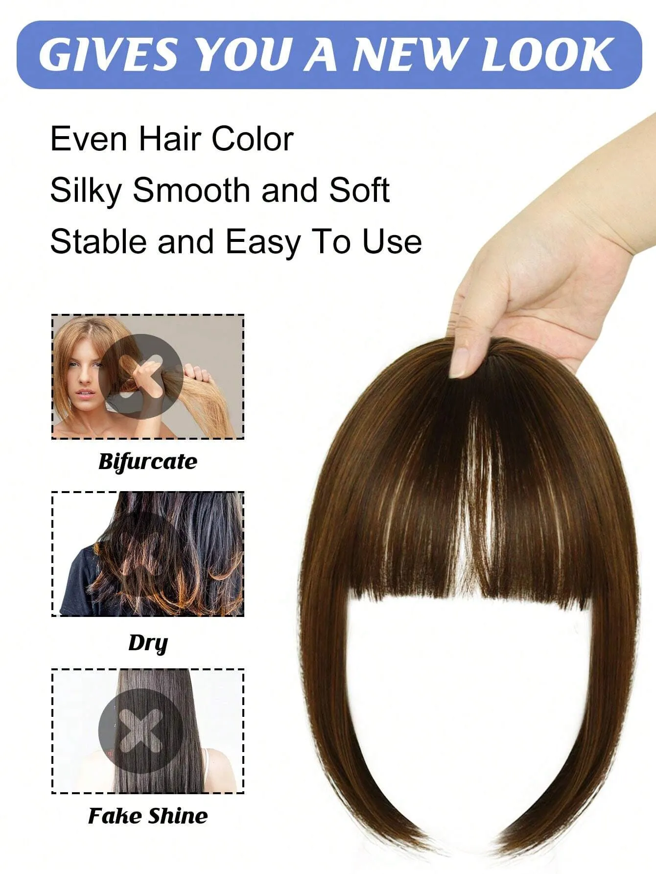 Clip In Bangs Heat Resistant Synthetic Straight French Bangs Fringe with Temples Hairpieces for Women Clip In Hair Extensions Fake Bangs for Daily Wear Natural Color