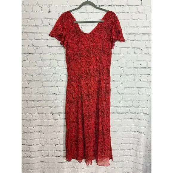 Coldwater Creek Women Silk Drape Neck Chiffon Midi Dress Red Multi Print Size 18
