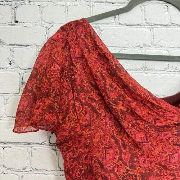 Coldwater Creek Women Silk Drape Neck Chiffon Midi Dress Red Multi Print Size 18