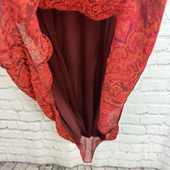 Coldwater Creek Women Silk Drape Neck Chiffon Midi Dress Red Multi Print Size 18