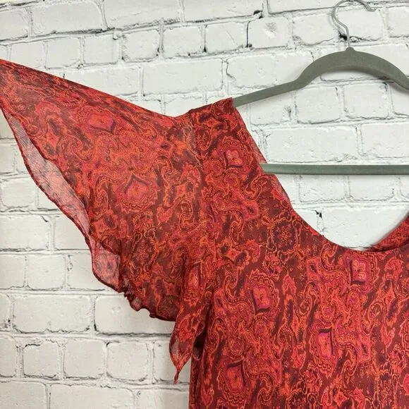 Coldwater Creek Women Silk Drape Neck Chiffon Midi Dress Red Multi Print Size 18