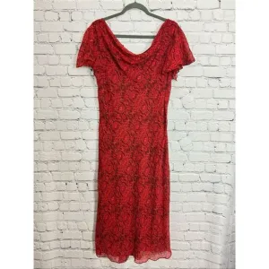 Coldwater Creek Women Silk Drape Neck Chiffon Midi Dress Red Multi Print Size 18