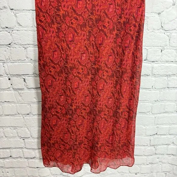 Coldwater Creek Women Silk Drape Neck Chiffon Midi Dress Red Multi Print Size 18
