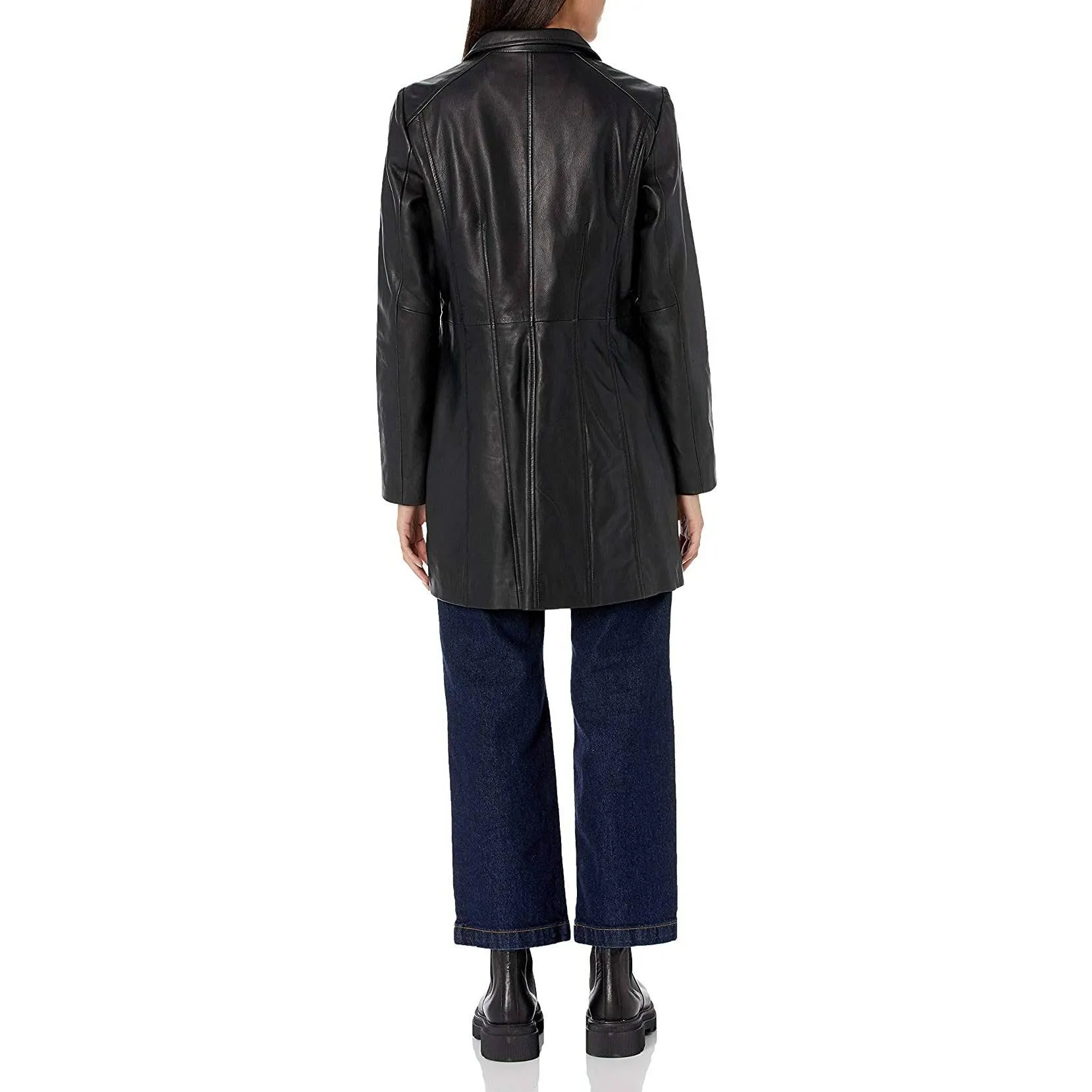 Cole Haan Women's Leather Collarless Mid-Length Coat
