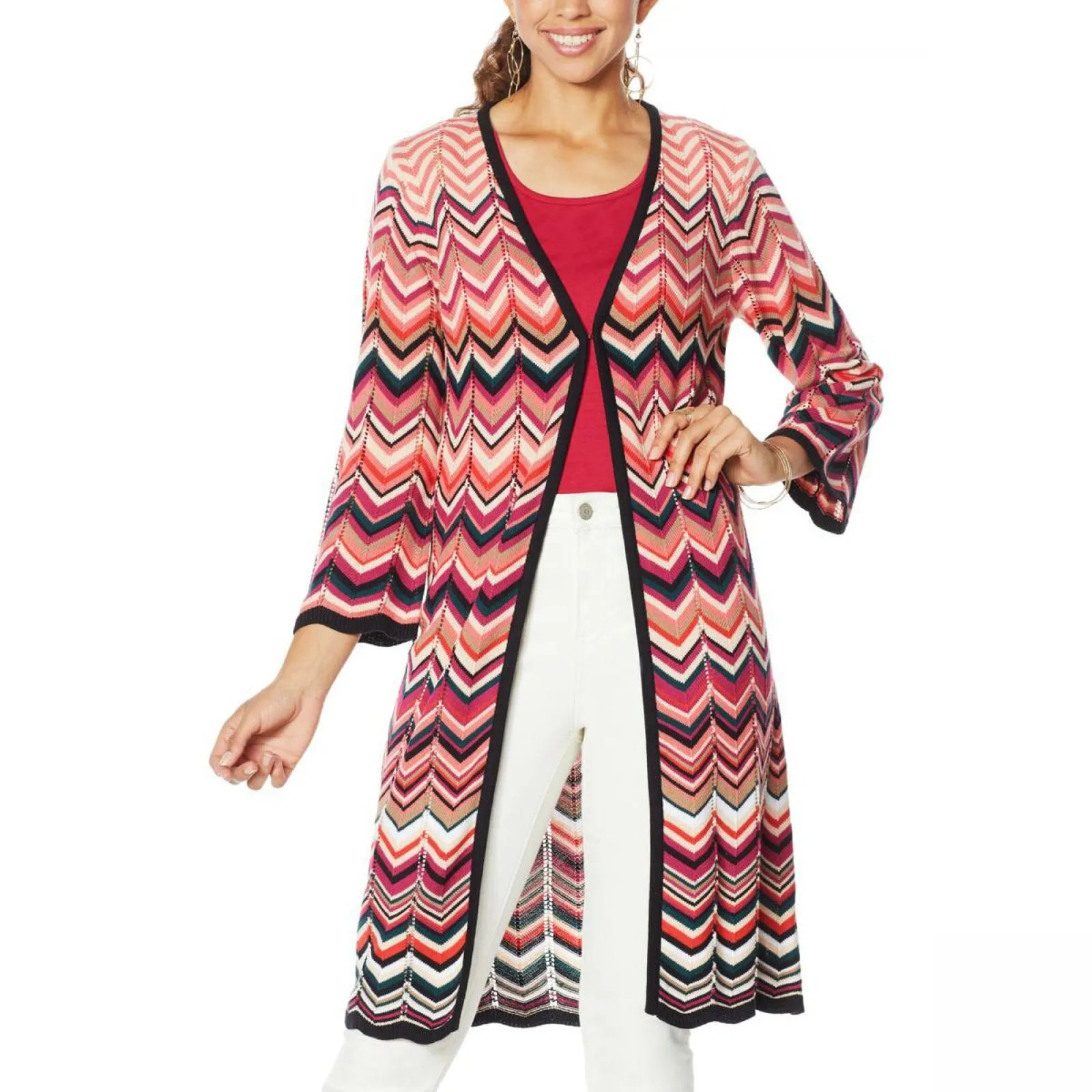 Colleen Lopez Women's Chevron Duster Cardigan Coral Multi Medium