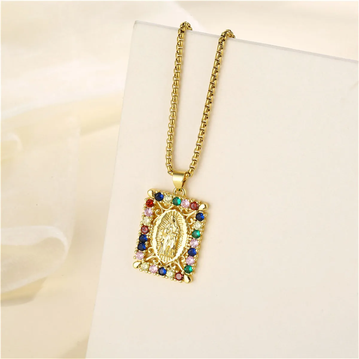 Colored Cubic Zirconia & 18K Gold-Plated Marry Rectangle Pendant Necklace