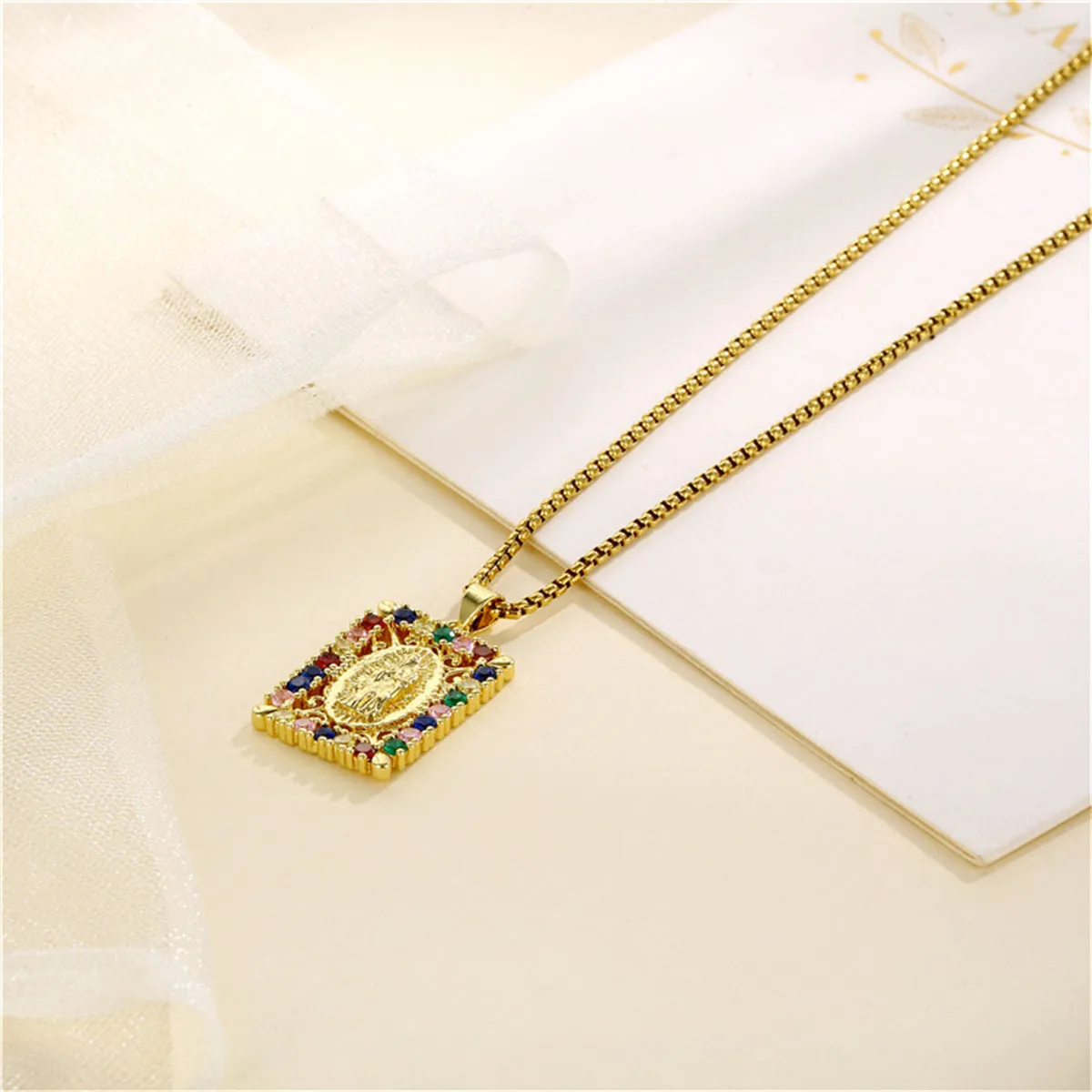 Colored Cubic Zirconia & 18K Gold-Plated Marry Rectangle Pendant Necklace