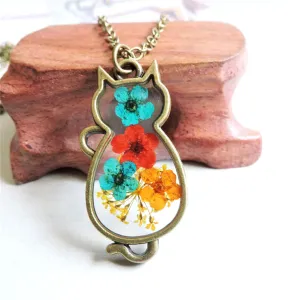 Colored Peach Blossom & 18K Gold-Plated Cat Pendant Necklace