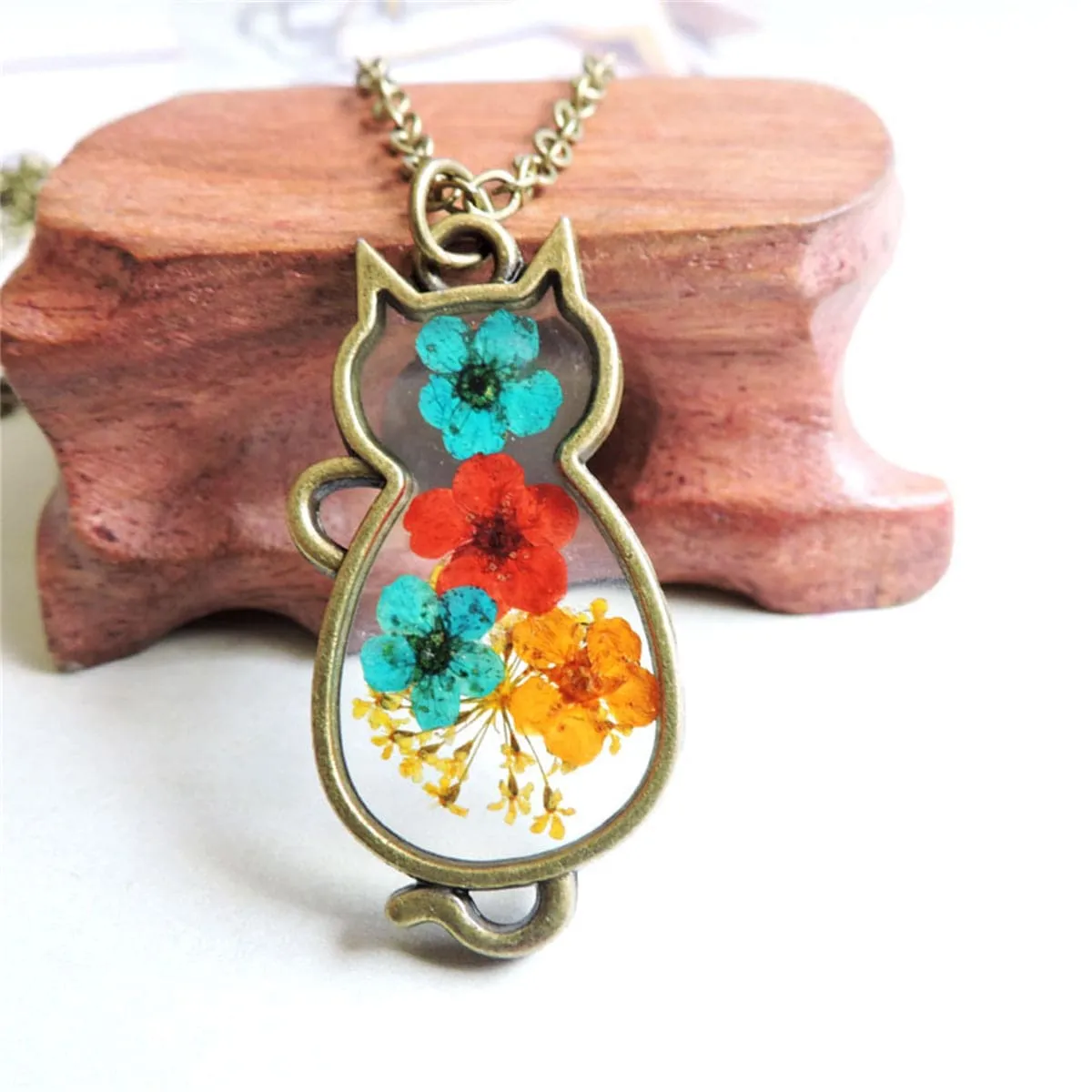 Colored Peach Blossom & 18K Gold-Plated Cat Pendant Necklace