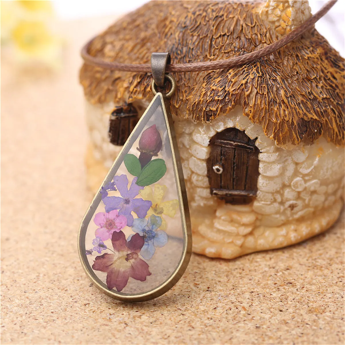 Colored Peach Blossom & Resin 18K Gold-Plated Drop Pendant Necklace