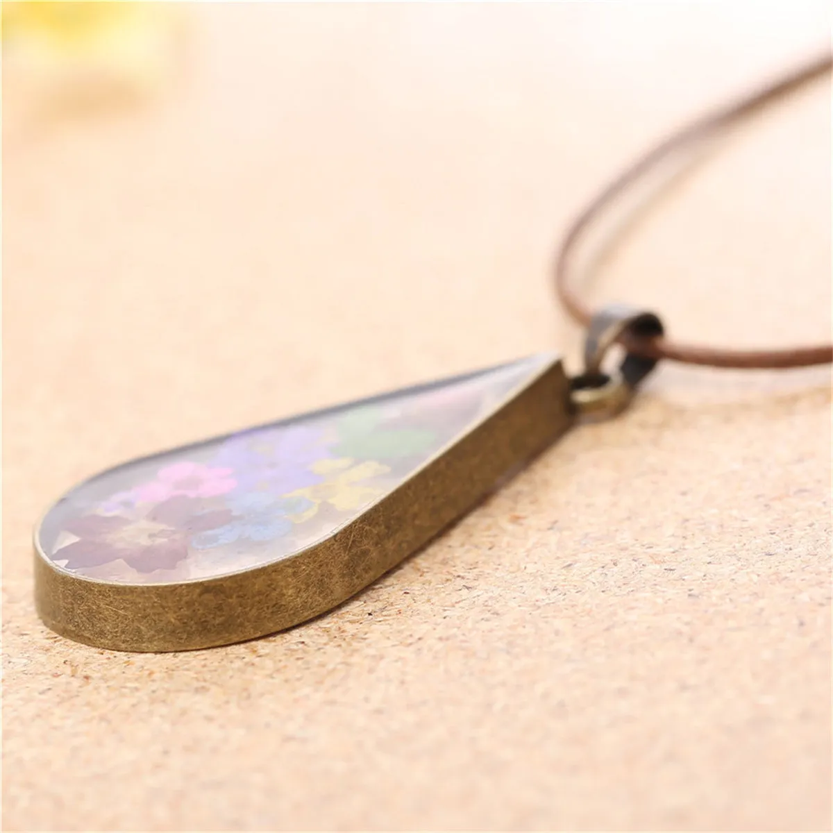 Colored Peach Blossom & Resin 18K Gold-Plated Drop Pendant Necklace