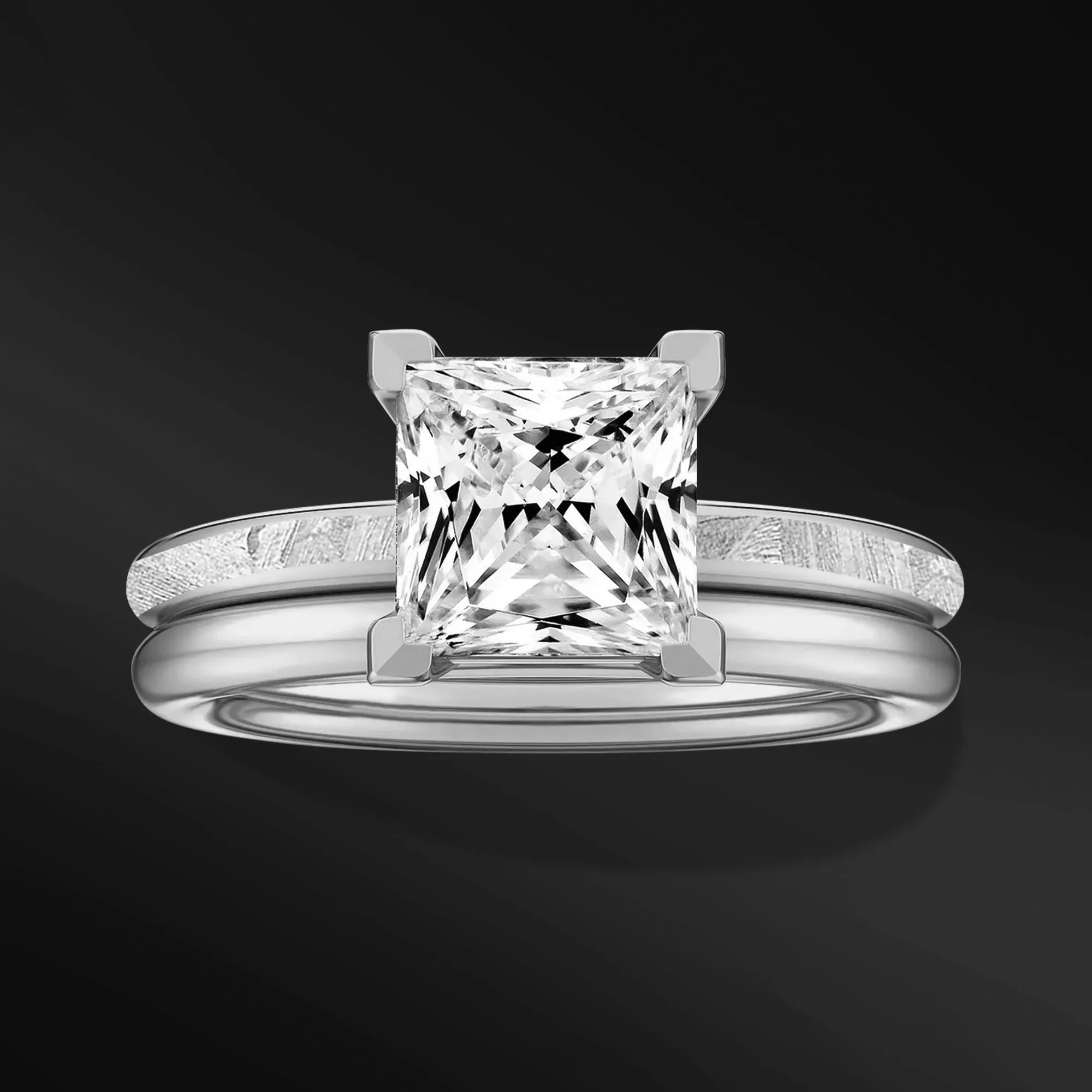 Cosmic Princess - Ring Set | 14K Gold or Sterling silver with 2ct Princess Moissanite Engagement Ring | Natural Meteorite