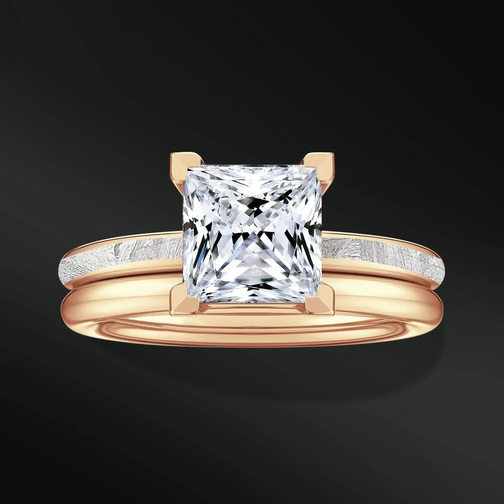Cosmic Princess - Ring Set | 14K Gold or Sterling silver with 2ct Princess Moissanite Engagement Ring | Natural Meteorite