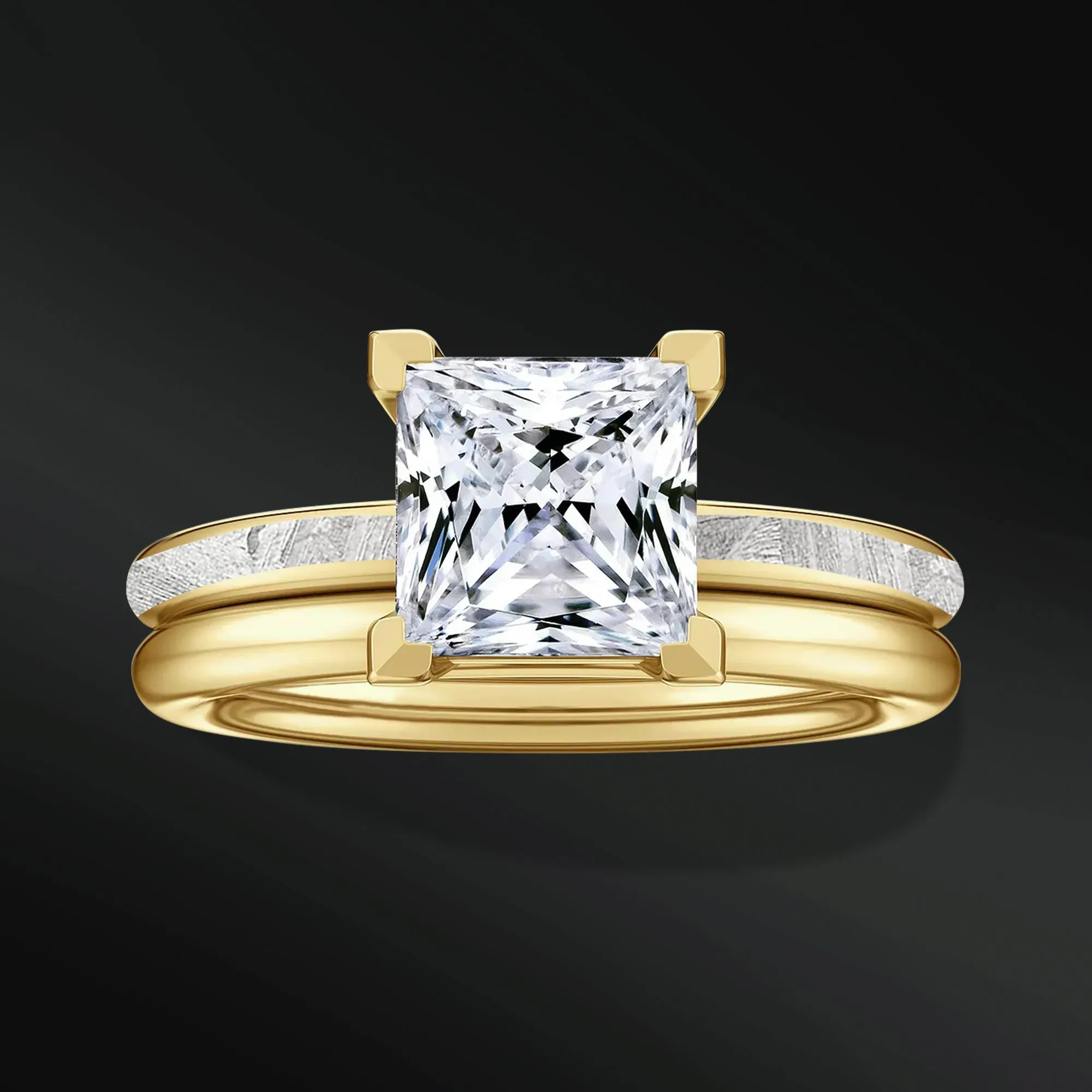 Cosmic Princess - Ring Set | 14K Gold or Sterling silver with 2ct Princess Moissanite Engagement Ring | Natural Meteorite